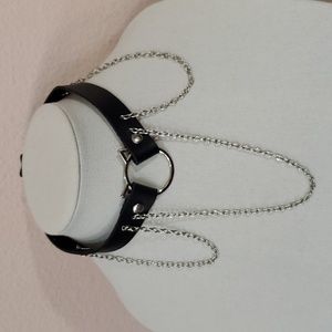 Goth Leather & Silver Chain 16" Choker Necklace, Black/Silver